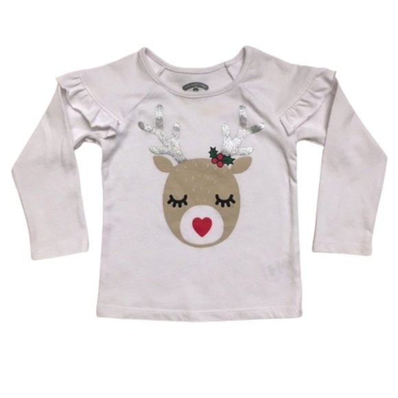 Holiday Time Toddler Girl White Silver Glitter Reindeer Long Sleeve Shirt 2T